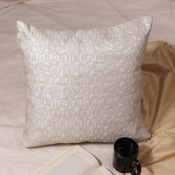 Dilkash Cream Brocade Silk Embroidered Cushion Cover - KHAABKA