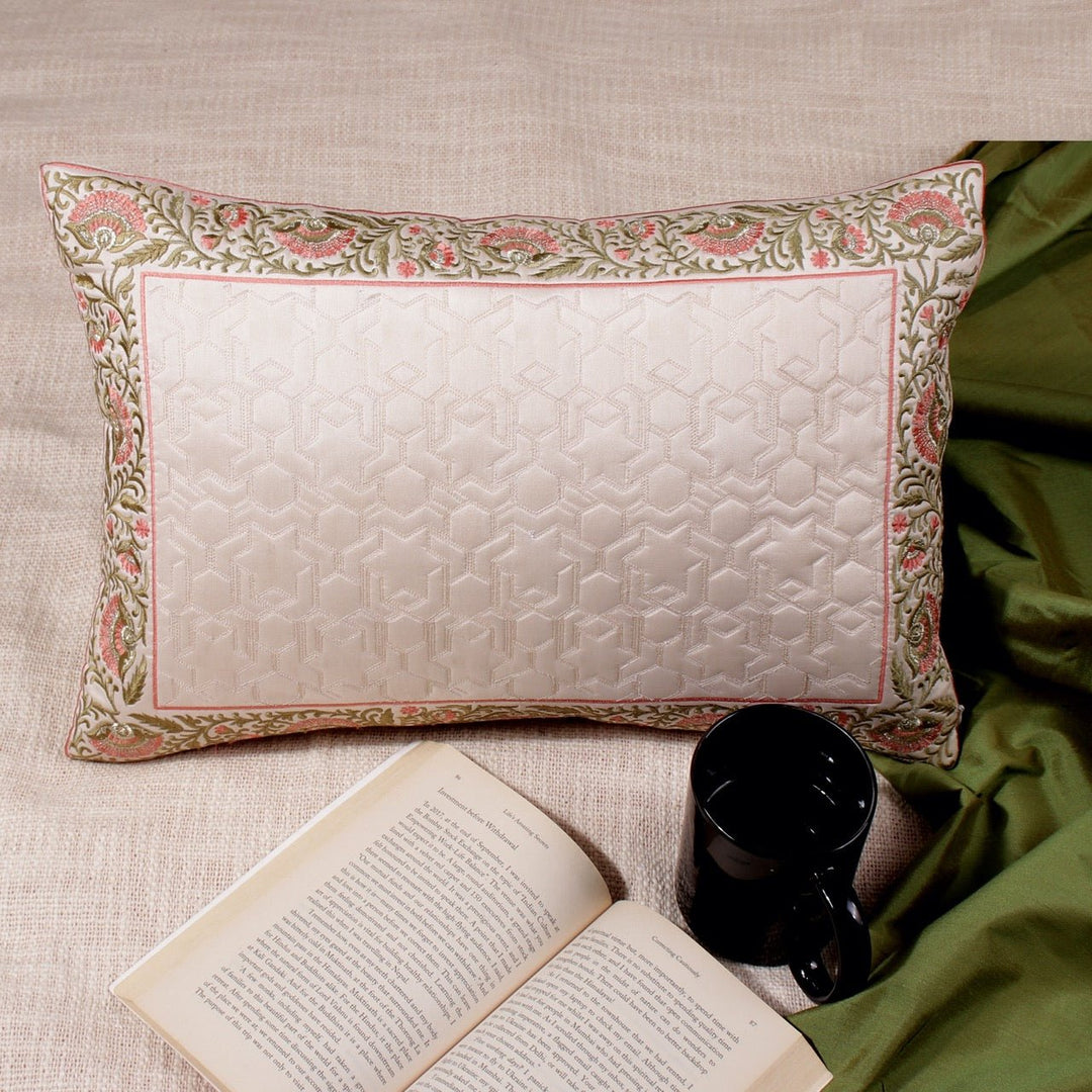 Dilkash Cream Quilted Embroidered Chanderi Silk Cushion Cover - KHAABKA