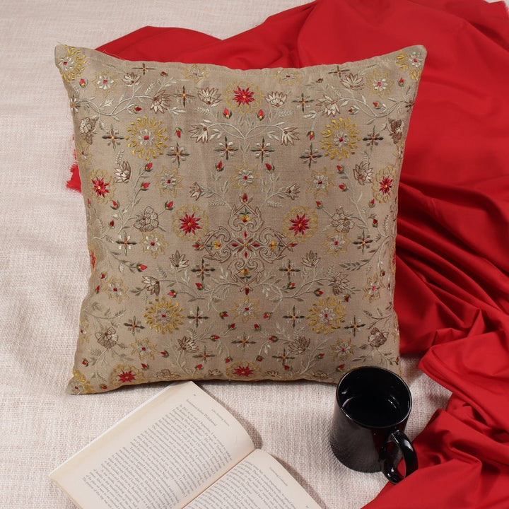 Dilkash Khaaki Chanderi Silk Floral Embroidered Cushion Cover - KHAABKA