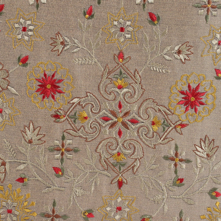 Dilkash Khaaki Chanderi Silk Floral Embroidered Cushion Cover - KHAABKA