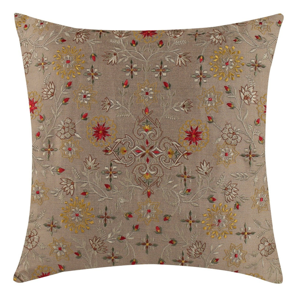 Dilkash Khaaki Chanderi Silk Floral Embroidered Cushion Cover - KHAABKA