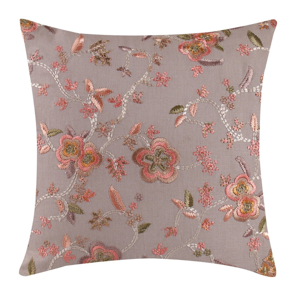 Guldasta Brown Floral Embroidered Cotton Linen Cushion Cover - KHAABKA