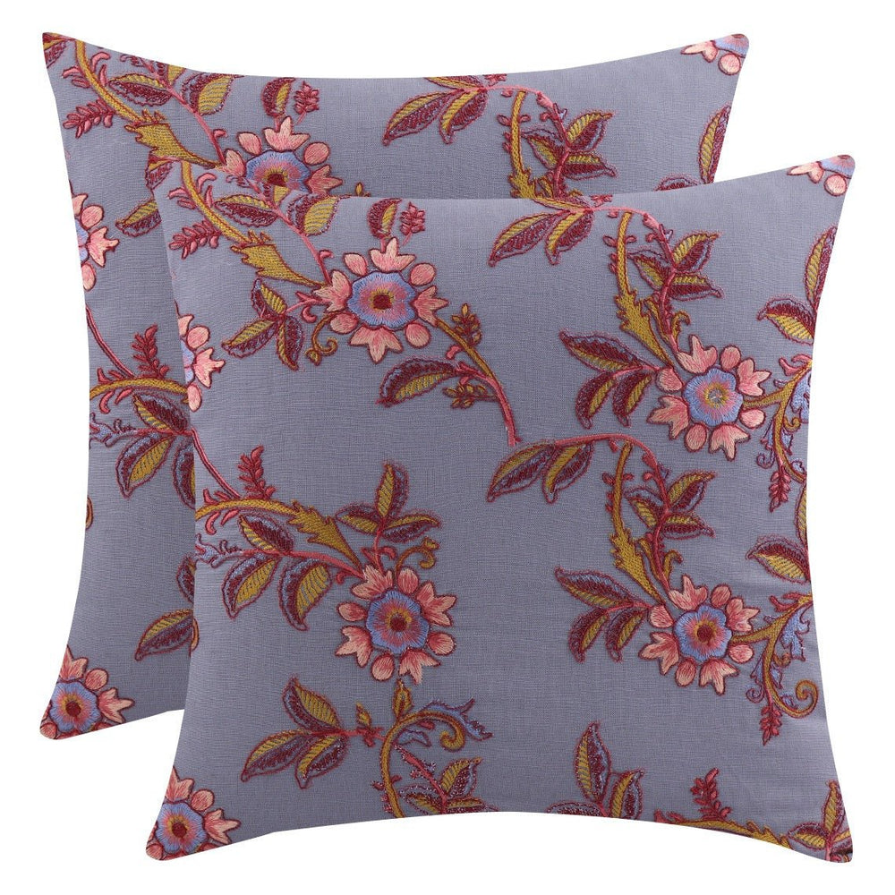 Guldasta Indigo Blue Floral Embroidered Cotton Linen Cushion Cover - KHAABKA