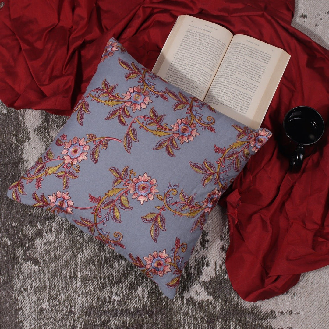 Guldasta Indigo Blue Floral Embroidered Cotton Linen Cushion Cover - KHAABKA