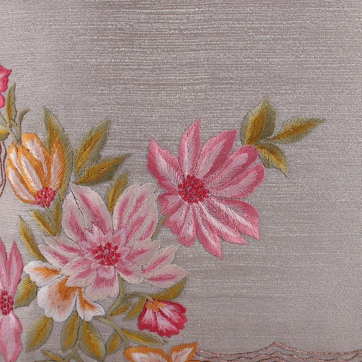 Guldasta Light Grey Jaquard Silk Floral Embroidered Cushion Cover - KHAABKA