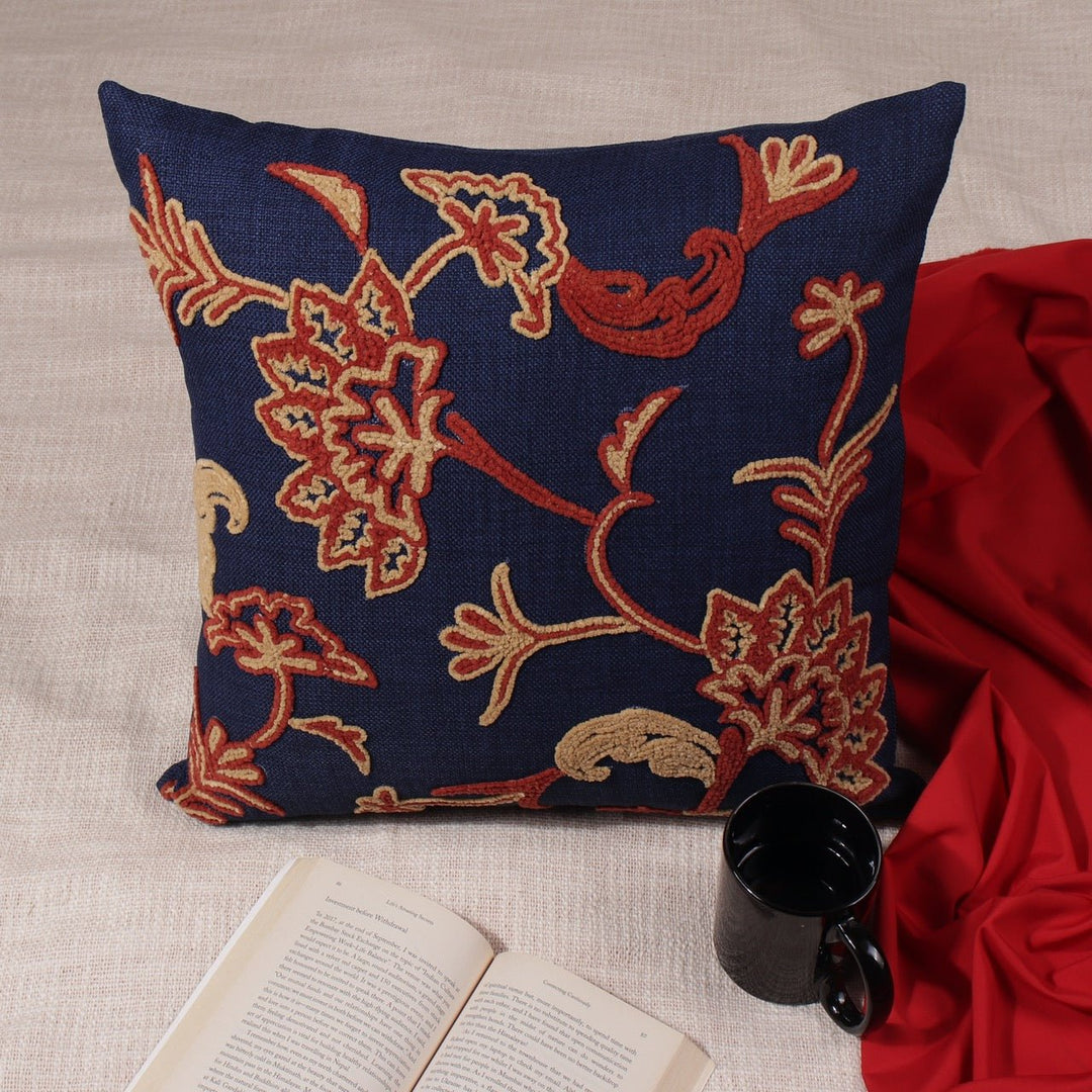 Guldasta Navy Blue Cotton Linen Floral Embroidered Cushion Cover - KHAABKA