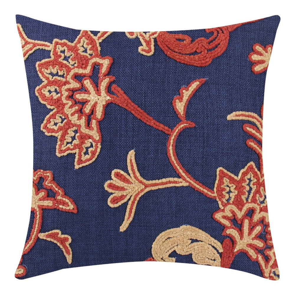Guldasta Navy Blue Cotton Linen Floral Embroidered Cushion Cover - KHAABKA