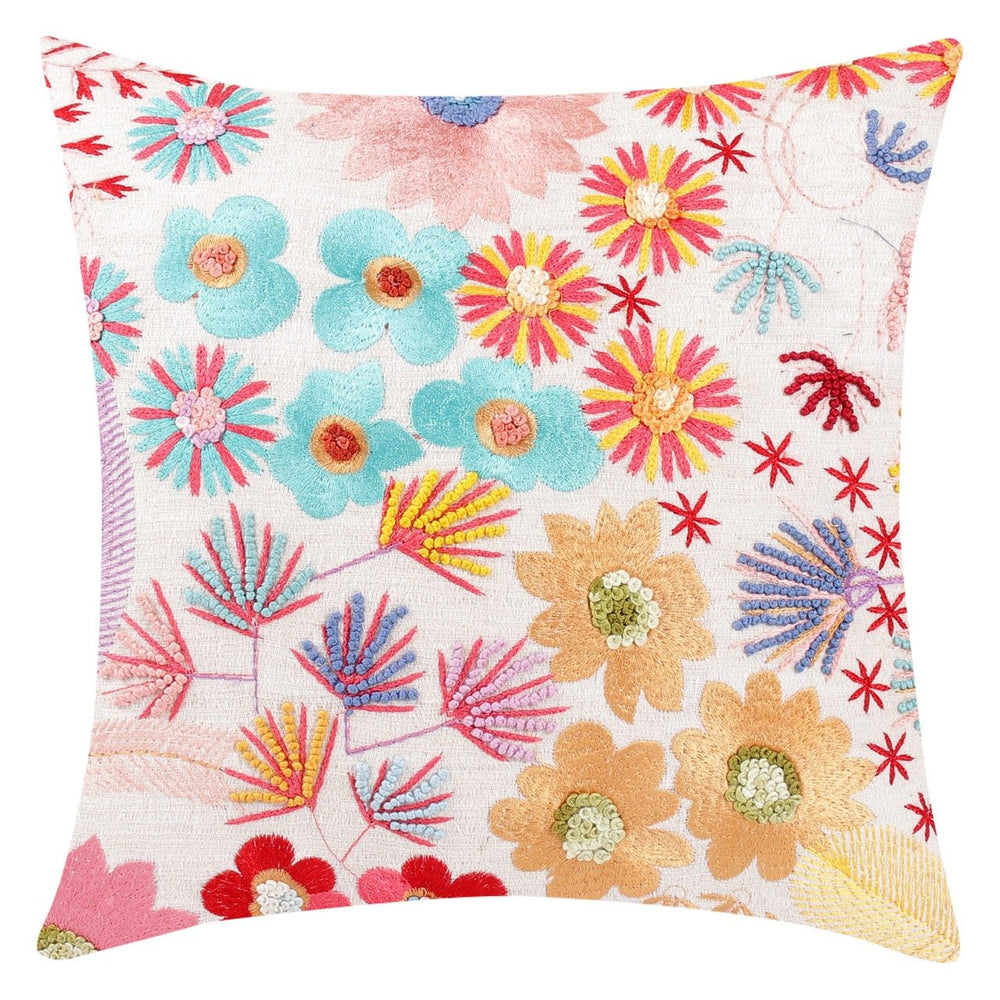 Guldasta Offwhite Cotton Linen Floral Embroidered Cushion Cover - KHAABKA
