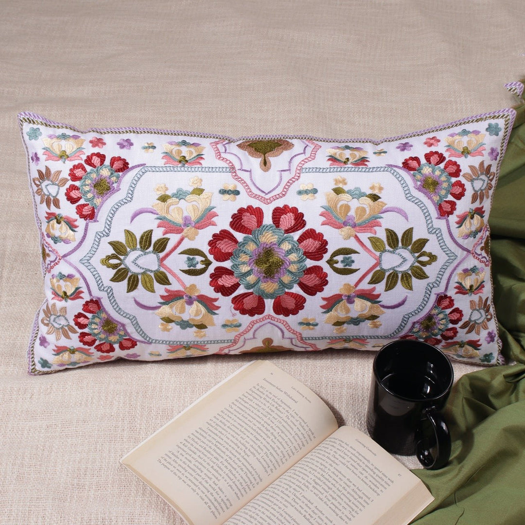 Guldasta Offwhite Mosaic Floral Embroidered Cushion Cover - KHAABKA