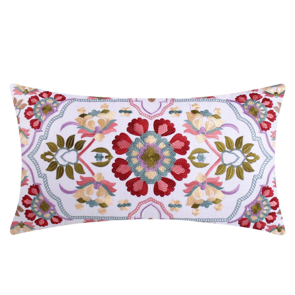 Guldasta Offwhite Mosaic Floral Embroidered Cushion Cover - KHAABKA