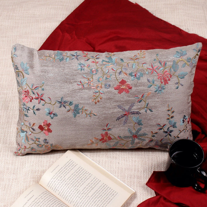 Silkroute Gray Floral Jaquard Silk Embroidered Cushion Cover - KHAABKA