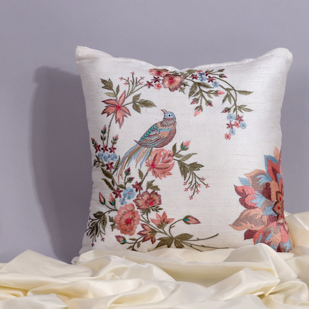 Silkroute Offwhite Flora and Fauna Embroidered Cushion Cover - KHAABKA
