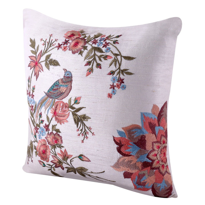 Silkroute Offwhite Flora and Fauna Embroidered Cushion Cover - KHAABKA