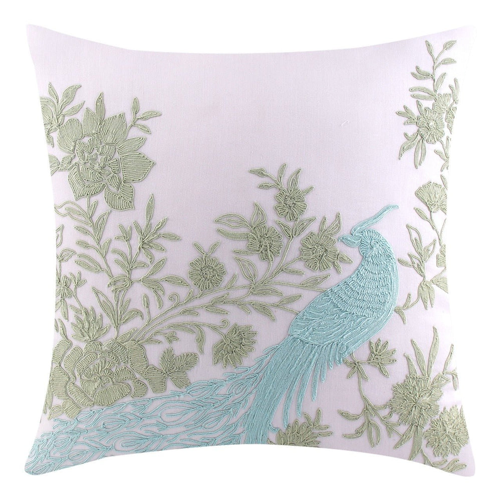 Silkroute Offwhite Silk Peacock Embroidery Cushion Cover - KHAABKA