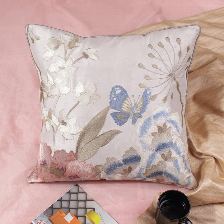 Silkroute Silk Butterfly Embroidery Cushion Cover - KHAABKA