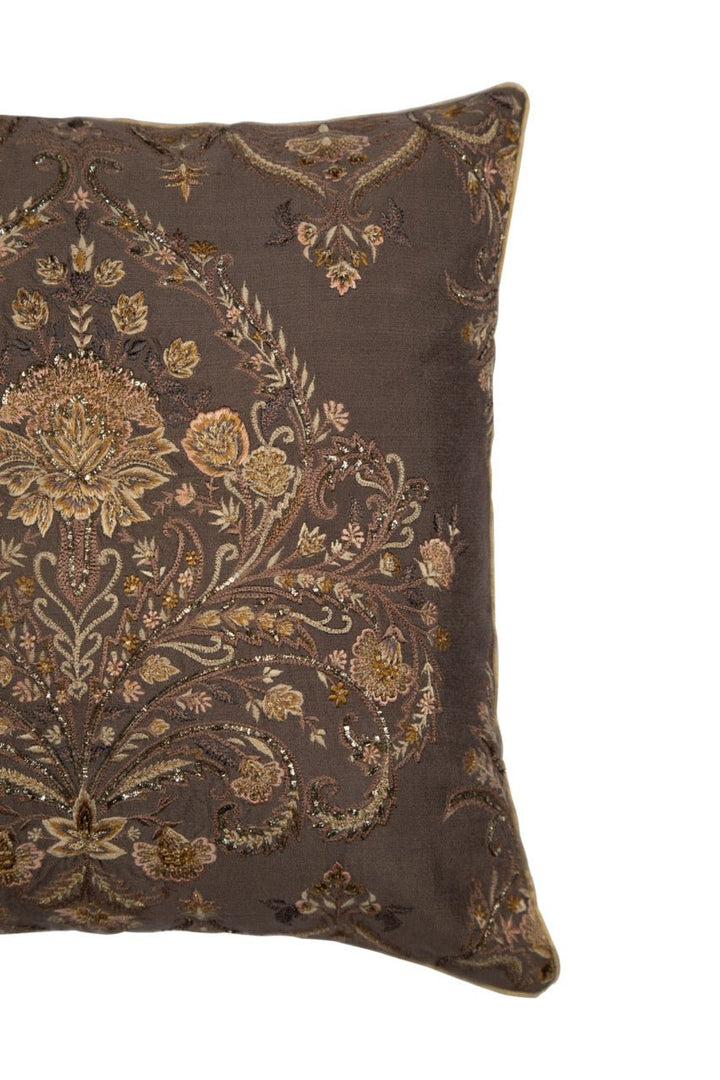 Tehzeeb Chocolate Brown Silk Hand Embroidered Cushion Cover - KHAABKA