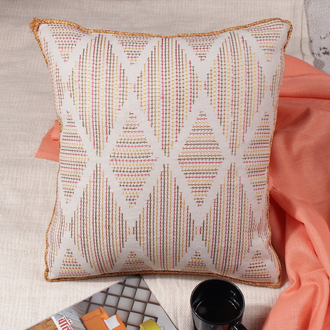 Tehzeeb Geometrical Off White Cotton Linen Cushion Cover - KHAABKA