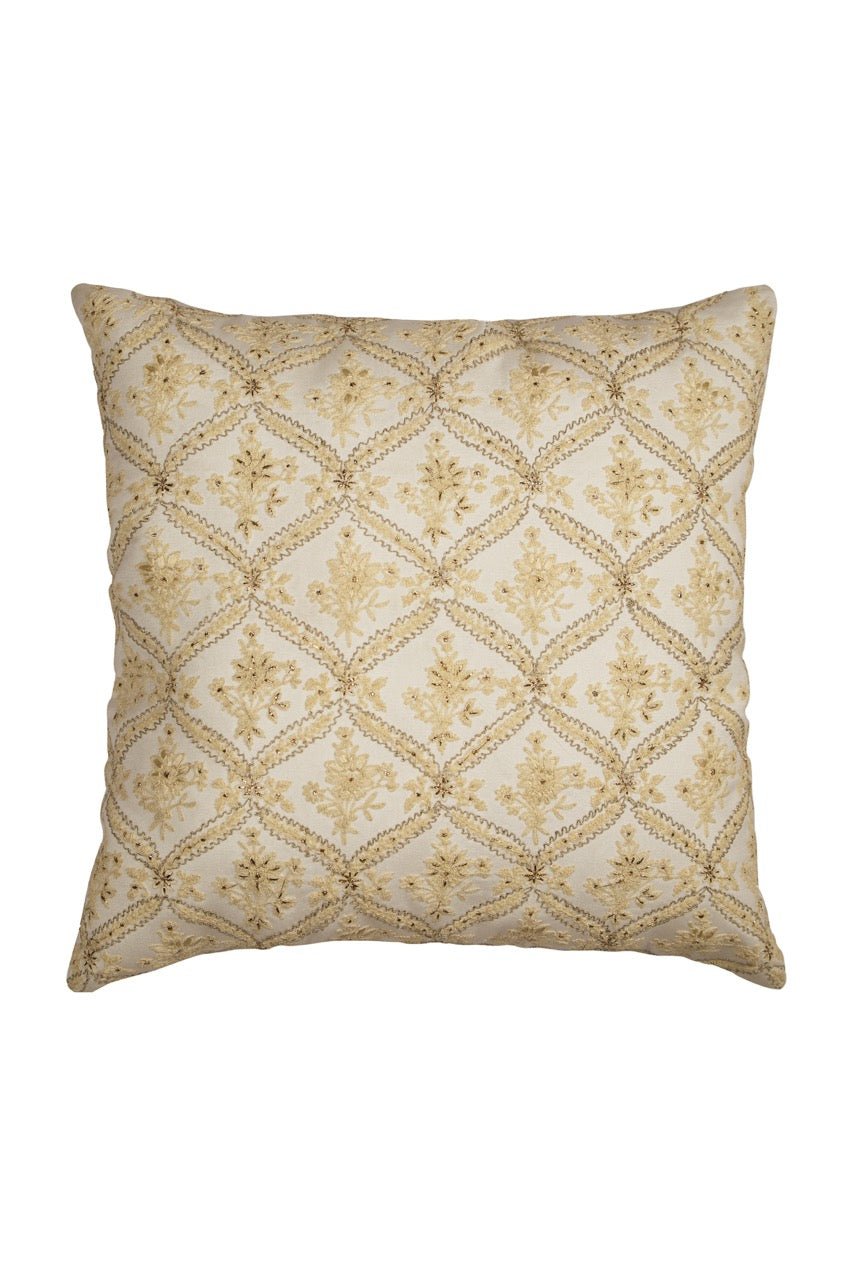 Tehzeeb Gold Geometric Floral Chanderi Silk Embroidered Cushion Cover - KHAABKA