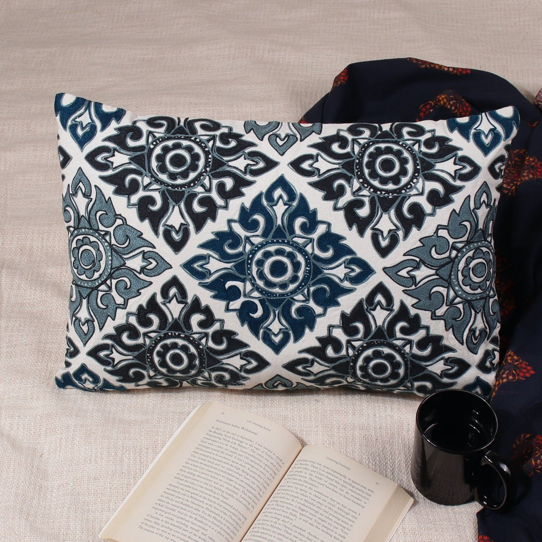 Tehzeeb Ivory Mosaic Embroidered Cotton Linen Cushion Cover - KHAABKA