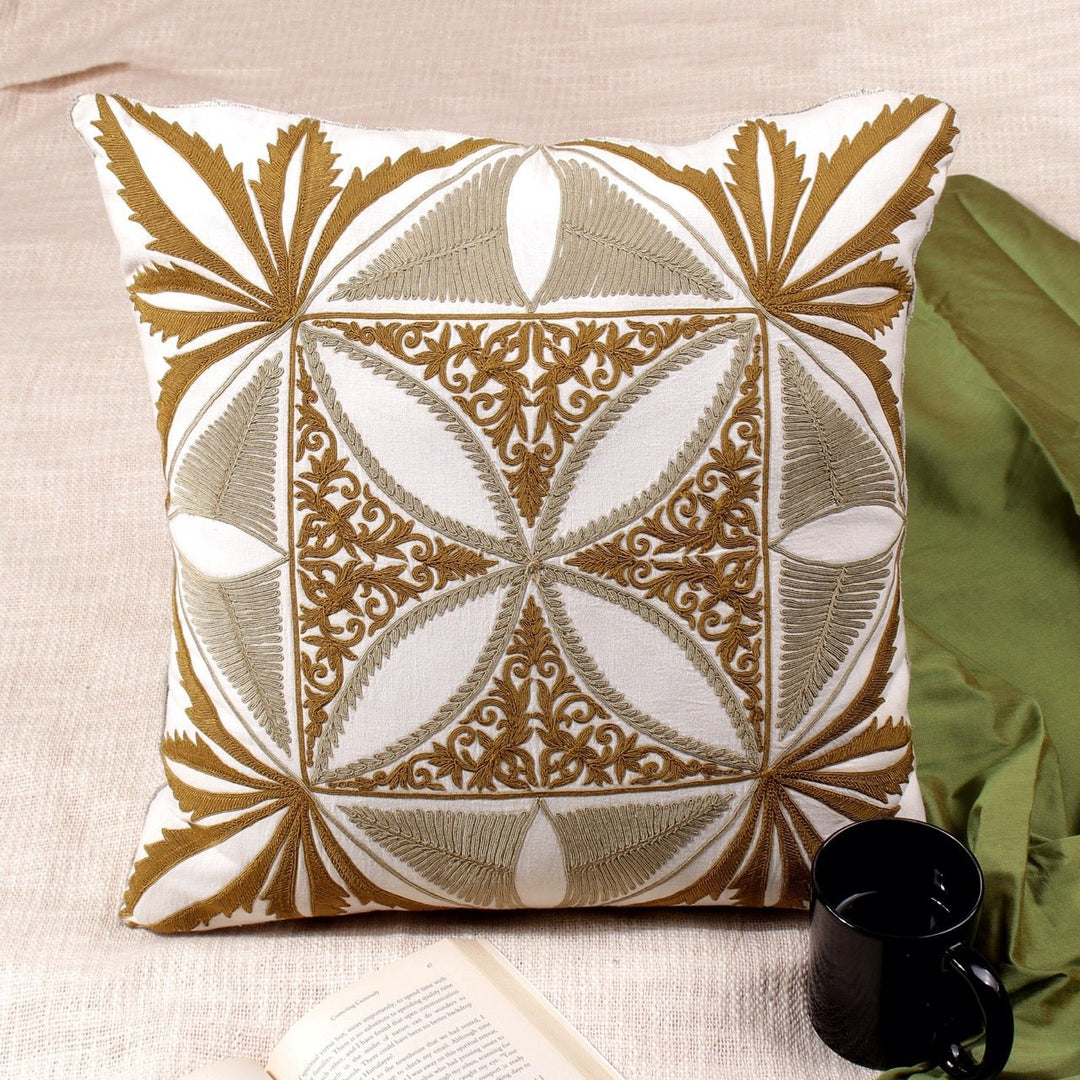 Tehzeeb Mandala Offwhite Cotton Linen Cushion Cover - KHAABKA
