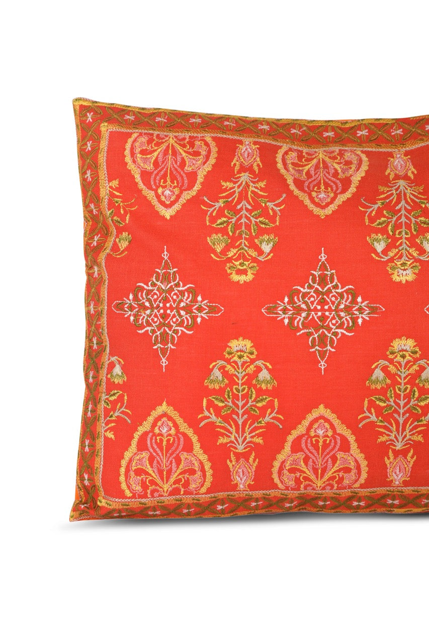 Seher Ornamental Cotton Linen Embroidered Cushion Cover (12 inch x 18 inch)