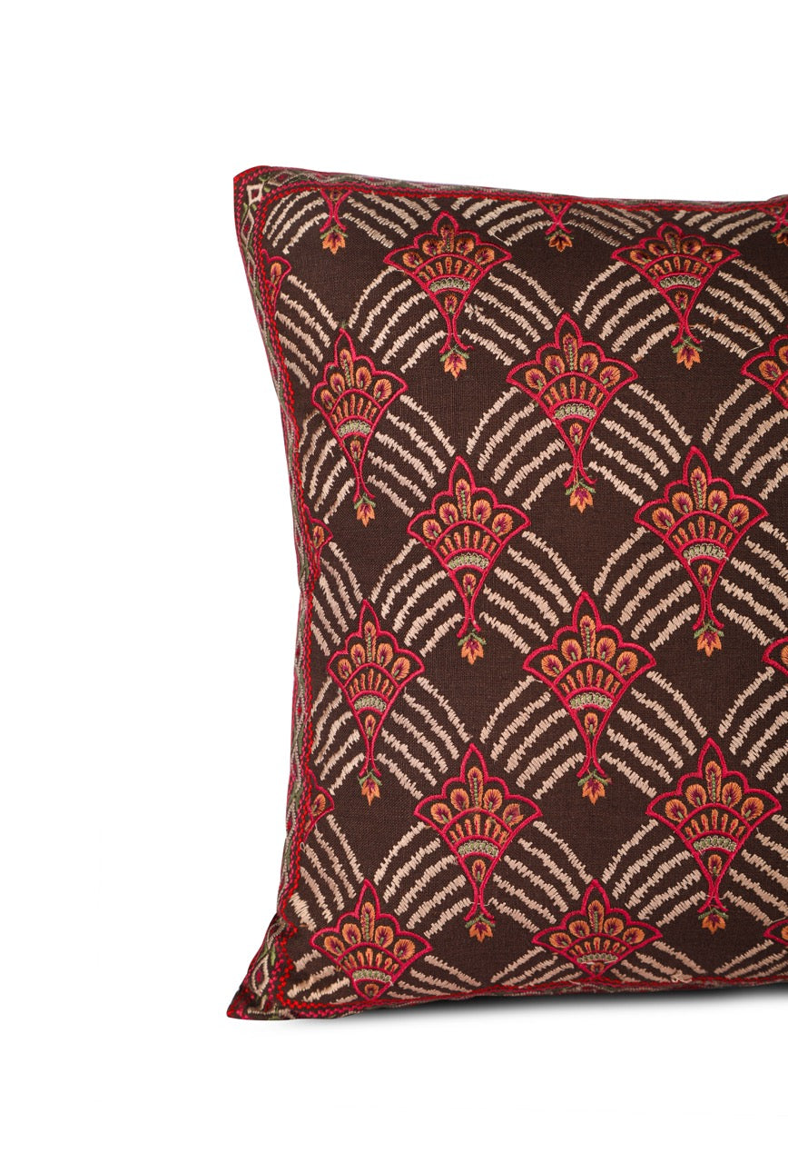 Falak Nocturnal Floral Cotton Linen Embroidered Cushion Cover (16 inch x 16 inch)