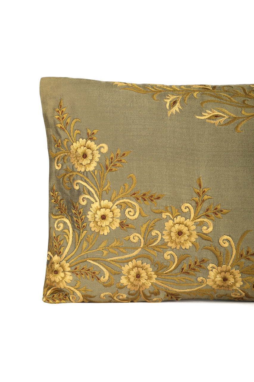 Shaakh Taupe Floral Silk Embroidered Cushion Cover (12 inch x 18 inch)