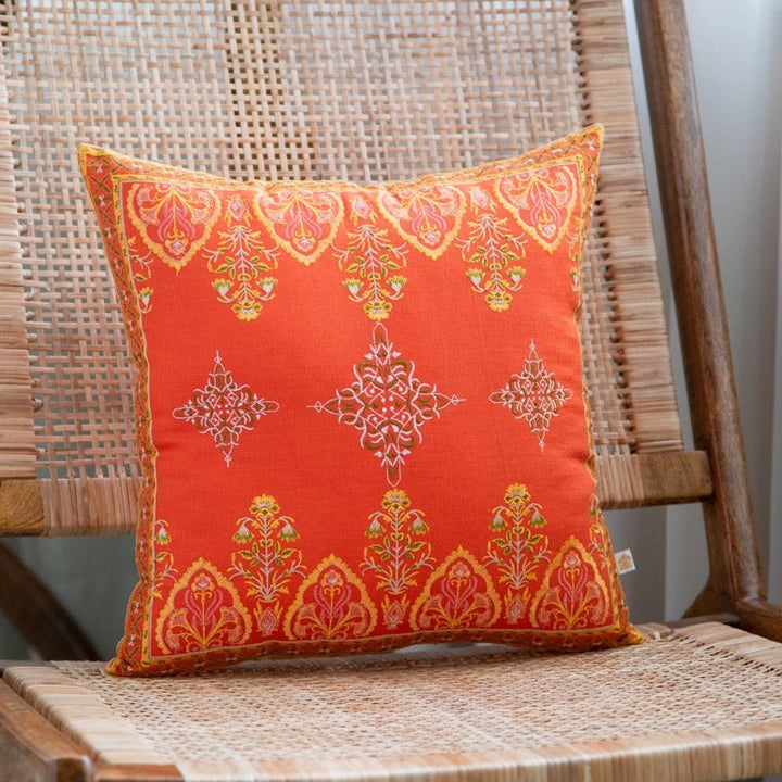 Seher Ornamental Cotton Linen Embroidered Cushion Cover (16 inch x 16 inch)