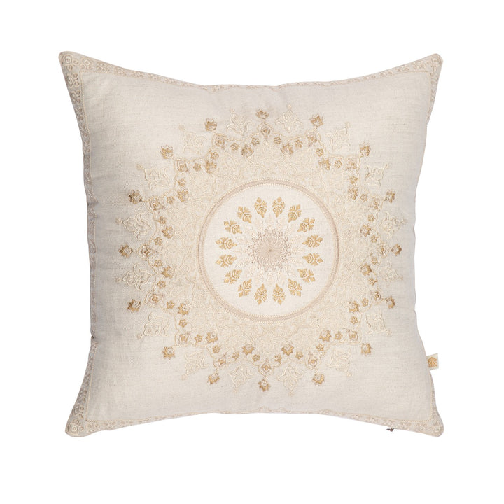 Meher Tranquil Mandala Cotton Linen Embroidered Cushion Cover (16 inch x 16 inch)