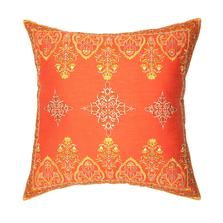 Seher Ornamental Cotton Linen Embroidered Cushion Cover (16 inch x 16 inch)