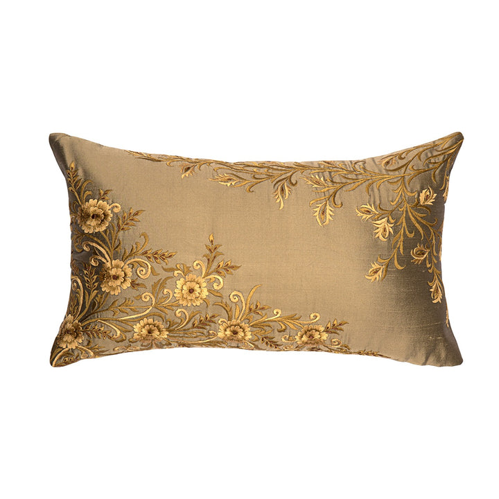 Shaakh Taupe Floral Silk Embroidered Cushion Cover (12 inch x 18 inch)