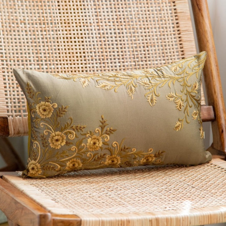 Shaakh Taupe Floral Silk Embroidered Cushion Cover (12 inch x 18 inch)