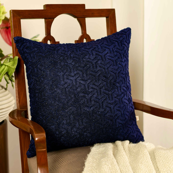 Nazakat Navy Blue Towel Embroidered Cushion Cover (16 inch x 16 inch)