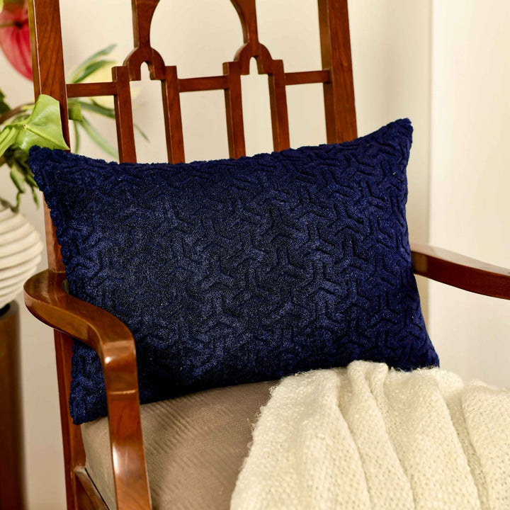 Nazakat Navy Blue Towel Embroidered Cushion Cover (12 inch x 18 inch)