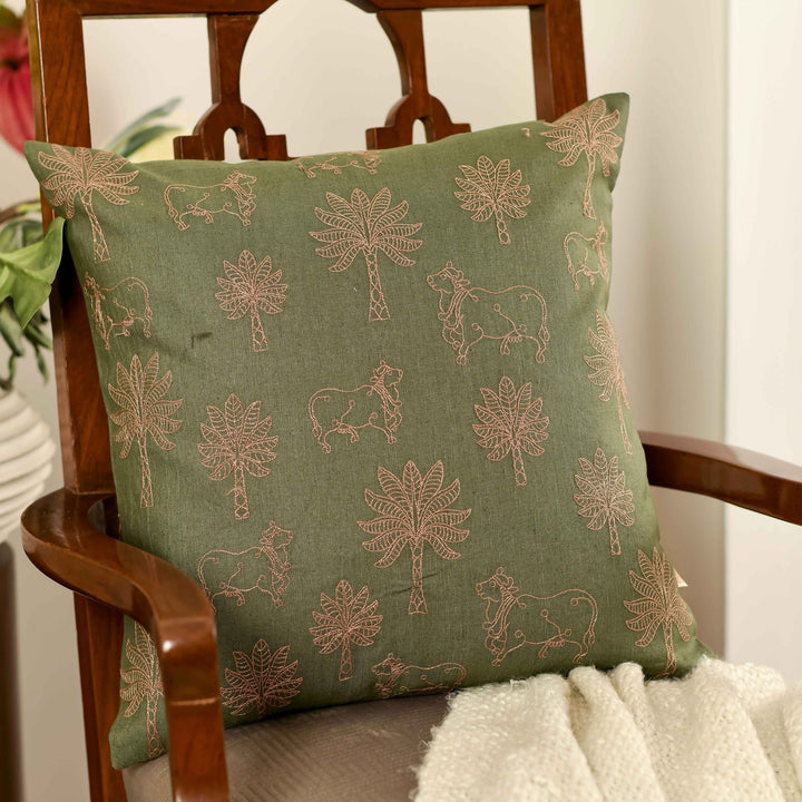 Nazakat Embroidered Olive Green Cushion Cover (16 inch x 16 inch)