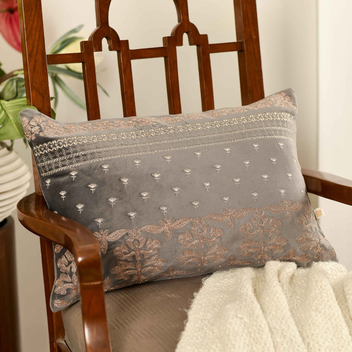 Bahaar Grey Ethereal Embroidered Velvet Cushion Cover (12 inch x 18 inch)