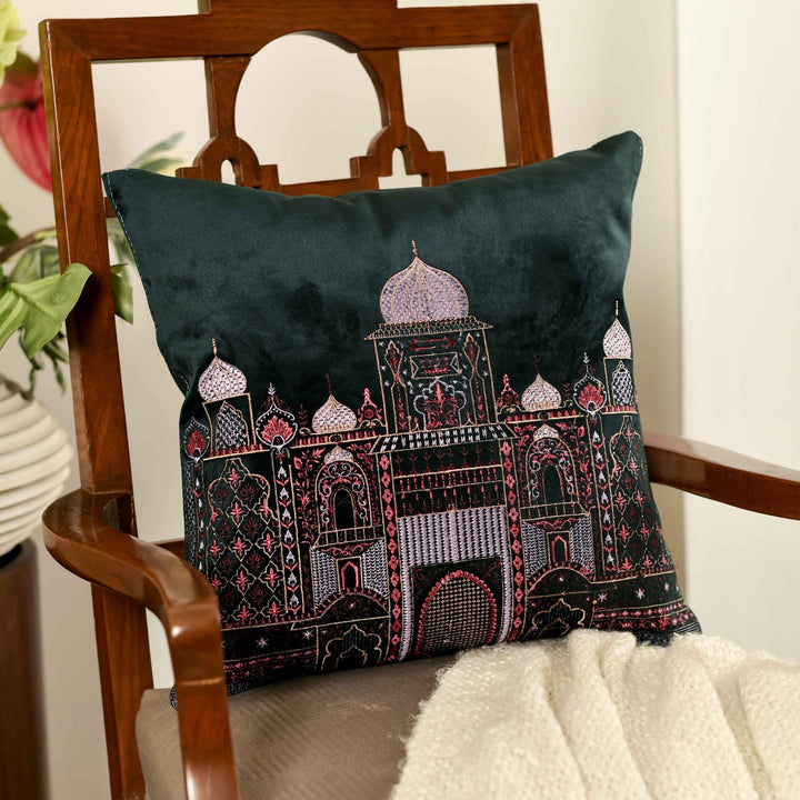 Inayat Mahal Green Velvet Embroidered Cushion Cover (16 inch x 16 inch)