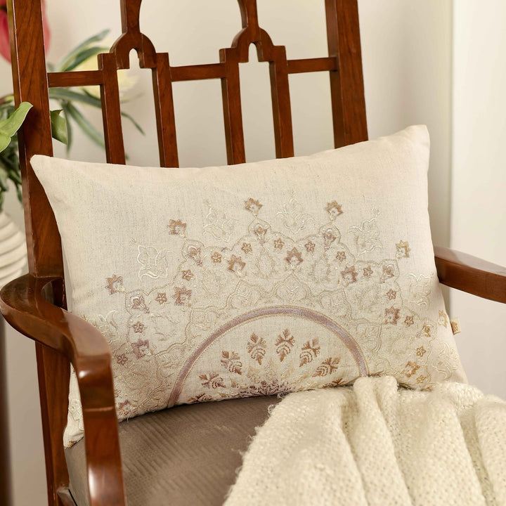 Bahaar Mandala Cream Cotton Linen Cushion Cover (12 inch x 18 inch)