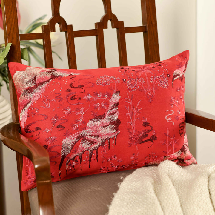 Inayat Red Velvet Embroidered Cushion Cover (12 inch x 18 inch)