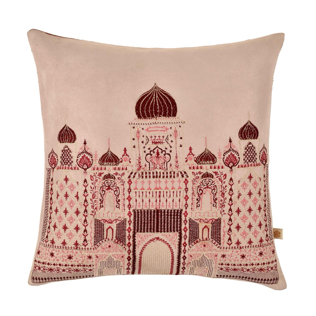 Inayat Mahal Pink Velvet Embroidered Cushion Cover (16 inch x 16 inch)