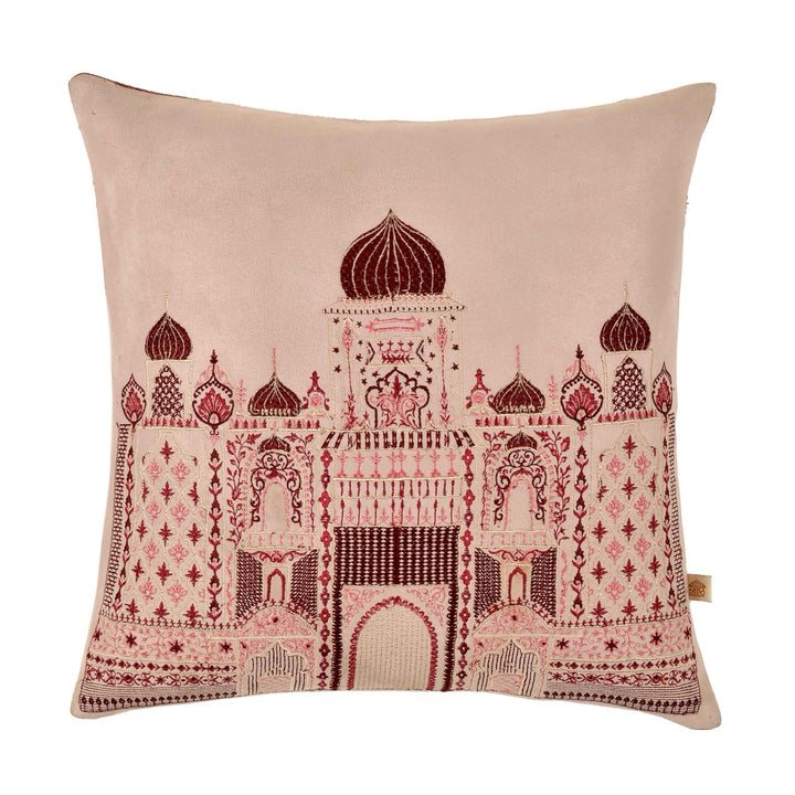 Inayat Mahal Pink Velvet Embroidered Cushion Cover (16 inch x 16 inch)