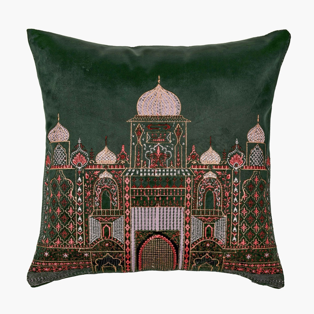 Inayat Mahal Green Velvet Embroidered Cushion Cover (16 inch x 16 inch)