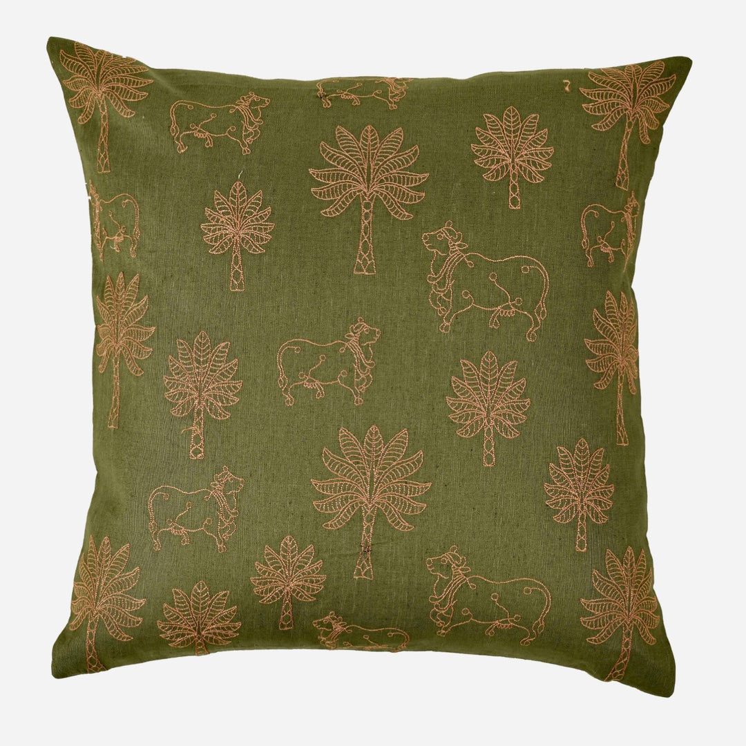 Nazakat Embroidered Olive Green Cushion Cover (16 inch x 16 inch)