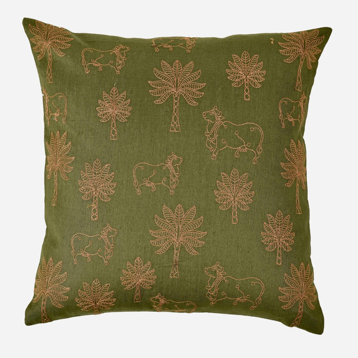 Nazakat Embroidered Olive Green Cushion Cover (16 inch x 16 inch)