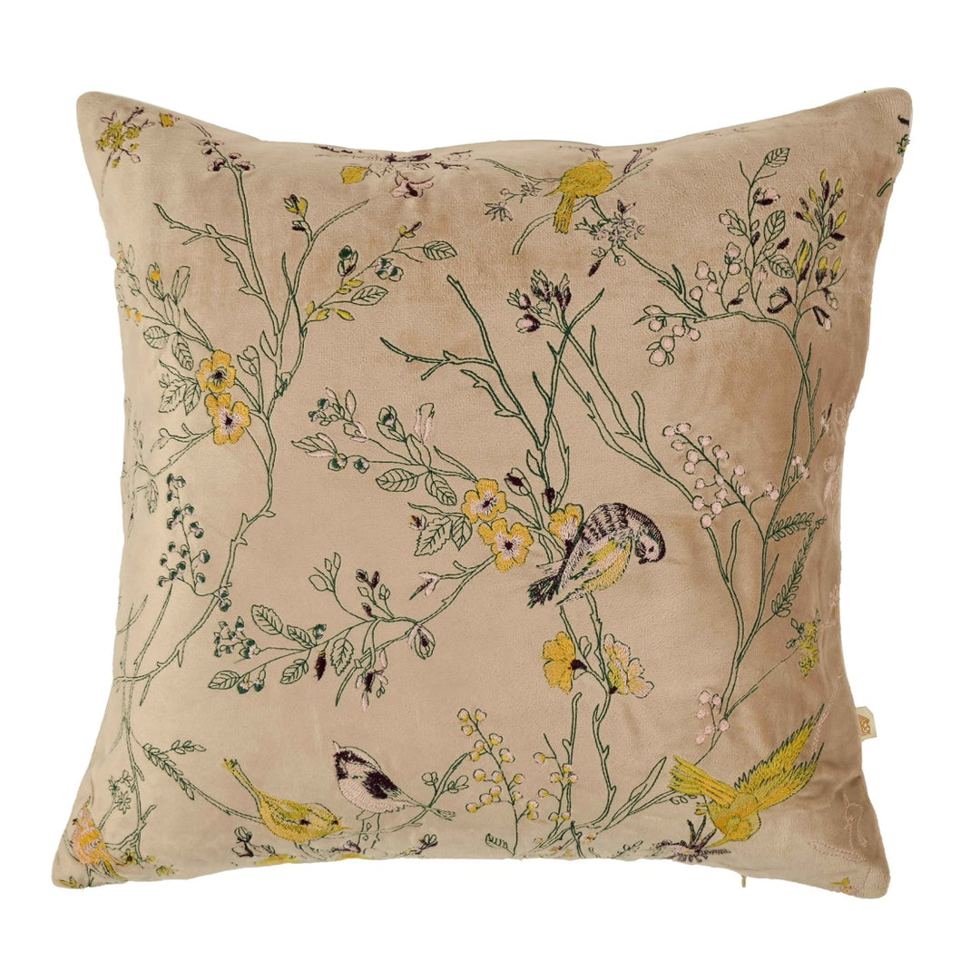 Bahaar Beige Velvet Embroidered Cushion Cover (16 inch x 16 inch)