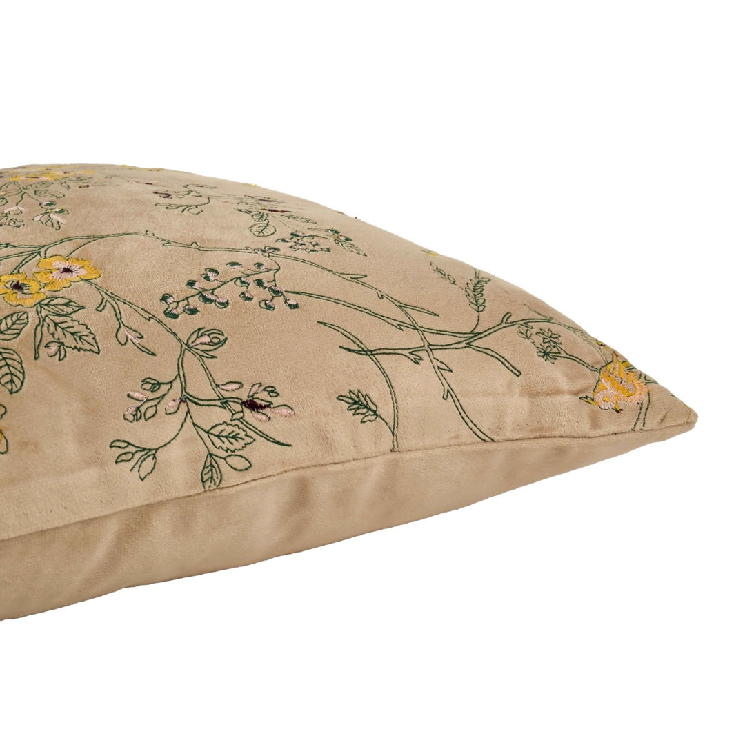 Bahaar Beige Velvet Embroidered Cushion Cover (16 inch x 16 inch)