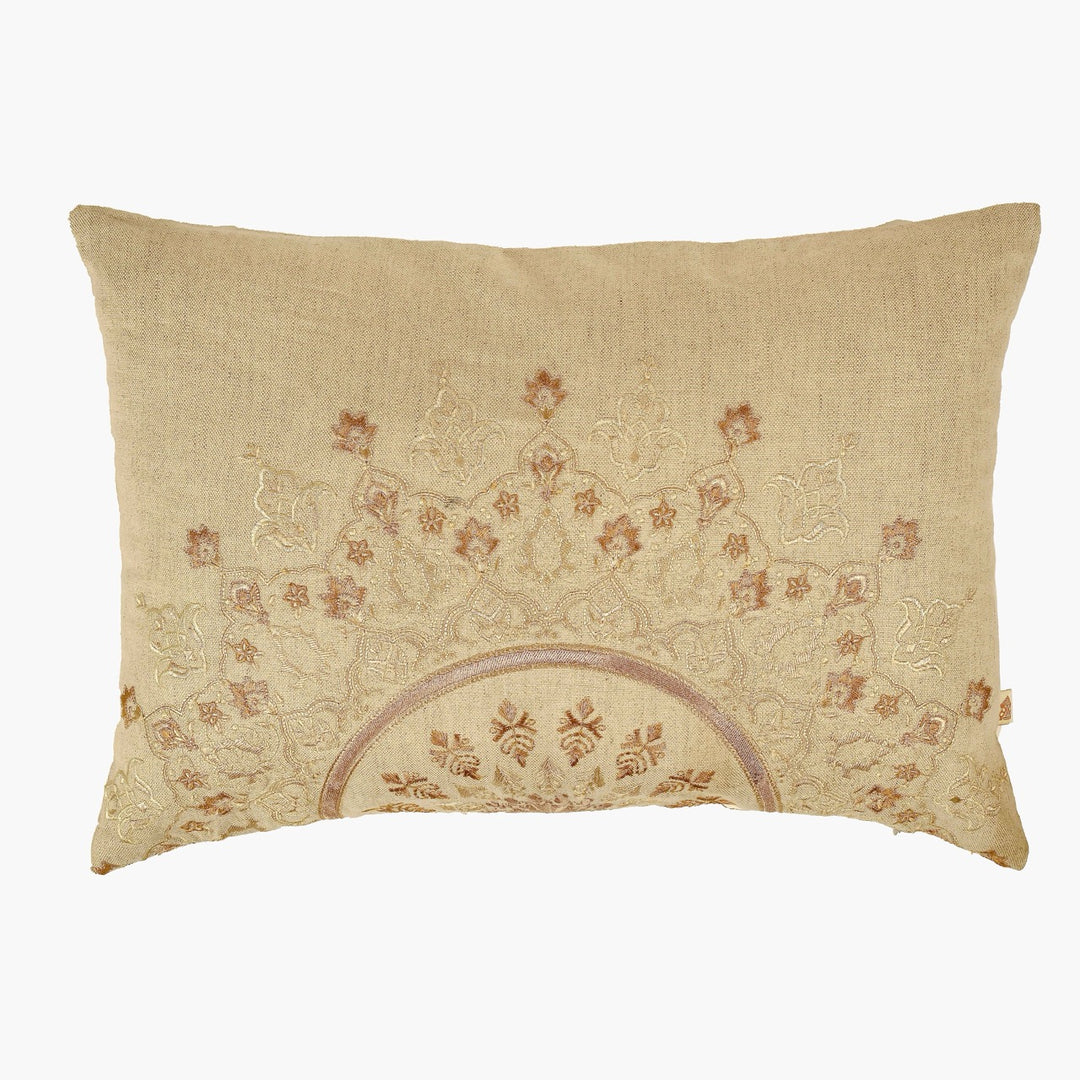 Bahaar Mandala Cream Cotton Linen Cushion Cover (12 inch x 18 inch)