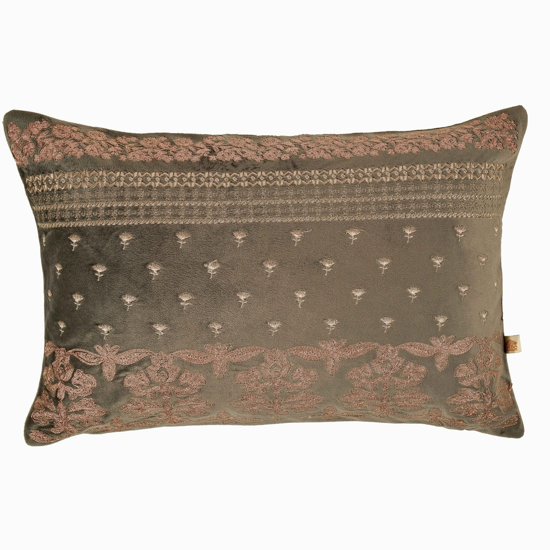 Bahaar Grey Ethereal Embroidered Velvet Cushion Cover (12 inch x 18 inch)