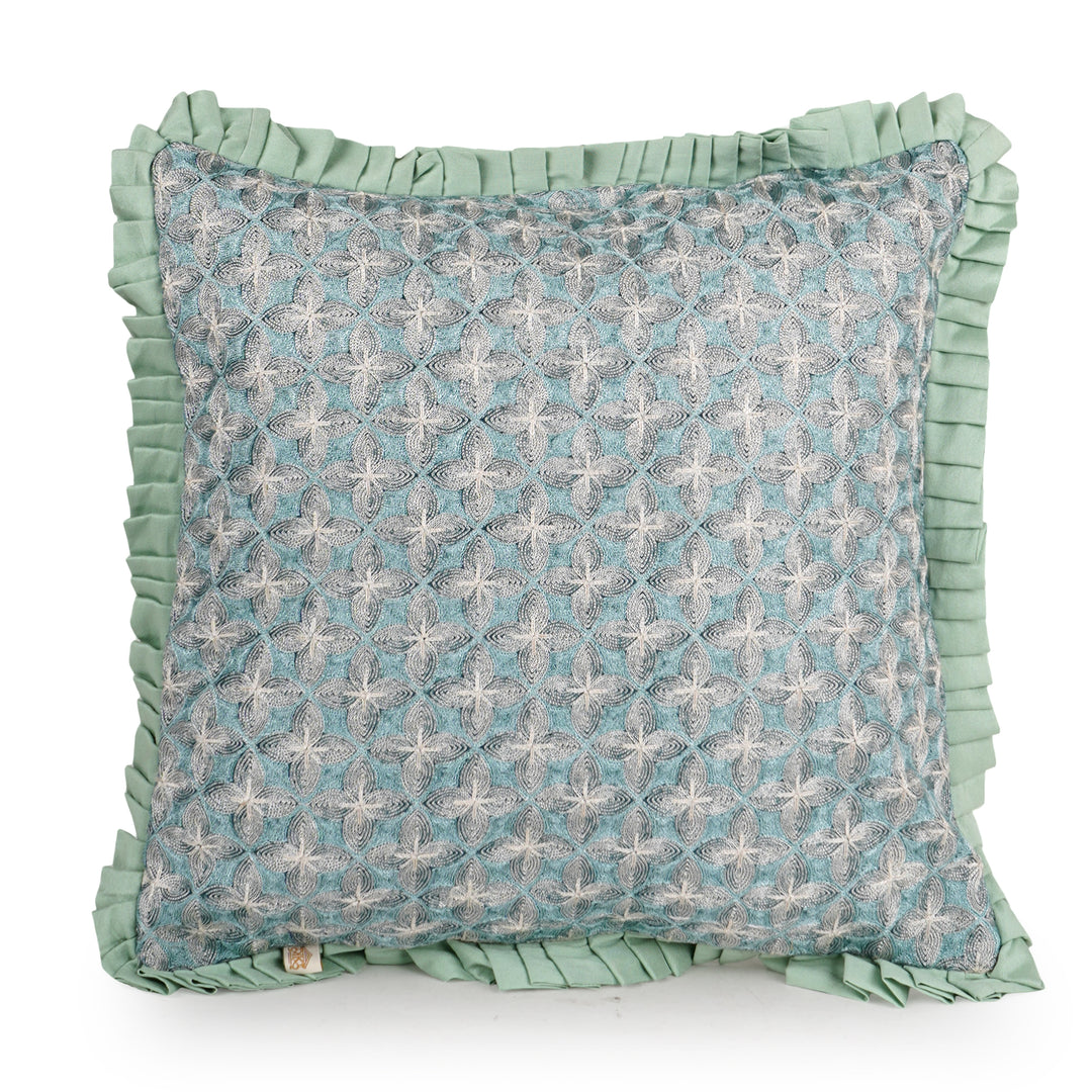 Teal Velvet Embroidered Dori Cushion Cover (16 inch x 16 inch)