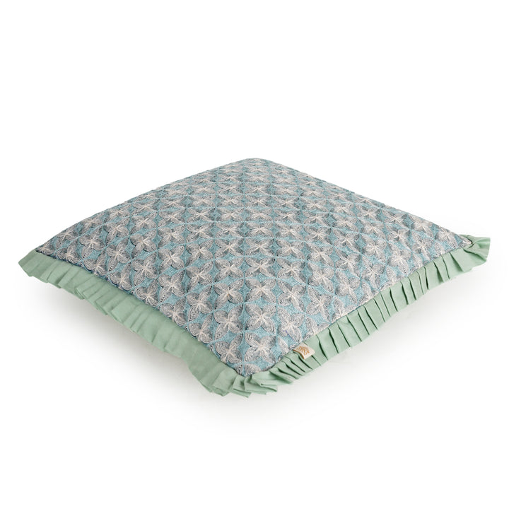 Teal Velvet Embroidered Dori Cushion Cover (16 inch x 16 inch)